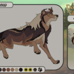 A confident brown wolf on a template for Domain of the Wolf. Fur shaped like a scout capelet with neck kerchief. She has one bent ear.
