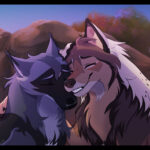 A proud-looking Bentwood leans into a slate-coated wolf with a paw around her shoulders.