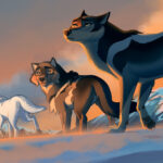 A line of wolves - Vilu, Baby, and Robin - march through the snow beneath the mountains against an orange and blue sunset sky.