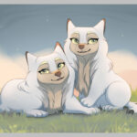 Sickly sweet puppy Solune and Twyla in front of cotton-candy clouds and warm, springy grass. It is unclear who is who.