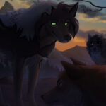 Grayard wolves at dusk, cast mostly in shadow except for the reflective sheen from the depths of their eyes.